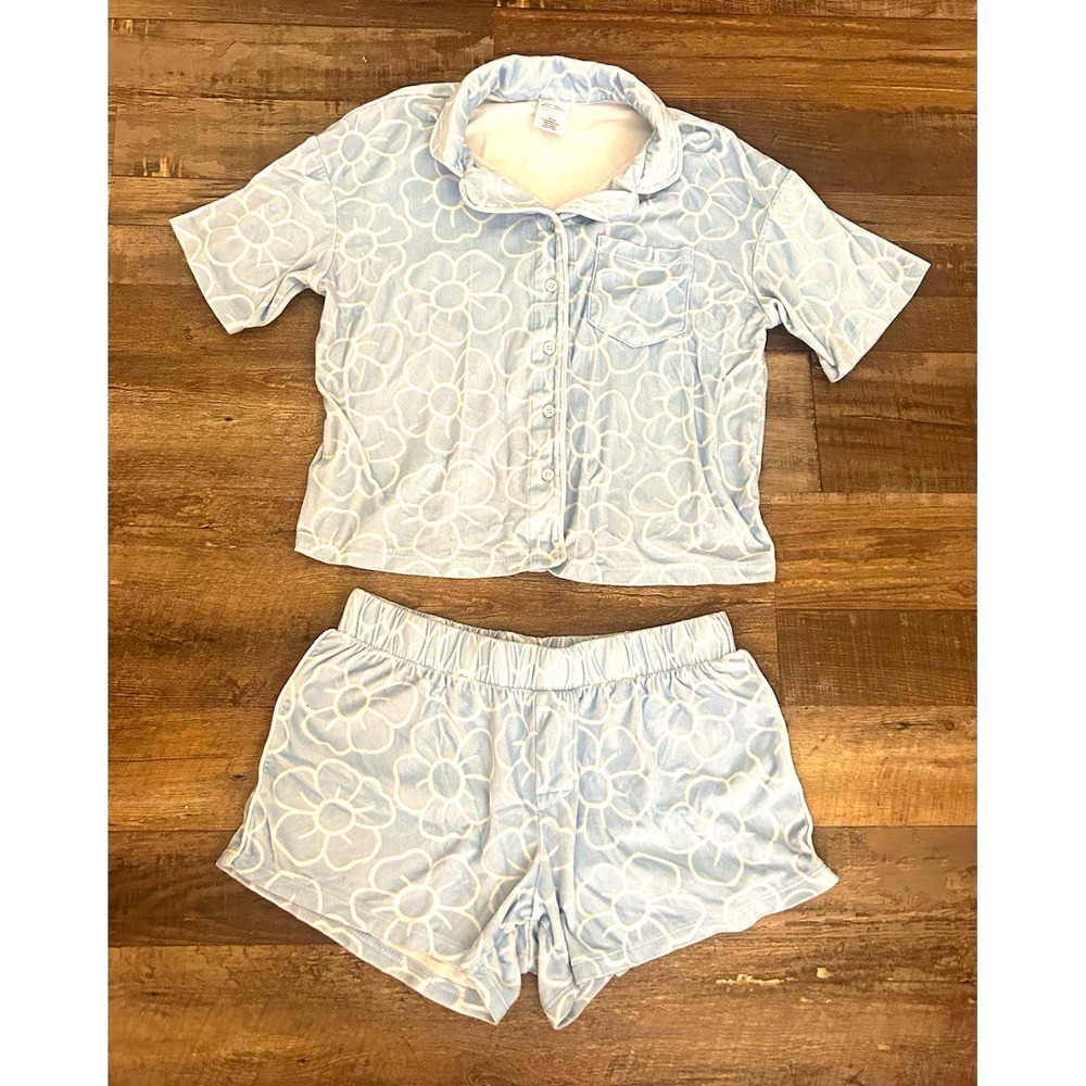Art Class Girl's L Blue/White Floral Pajama Set Short Sleeve Button Collared